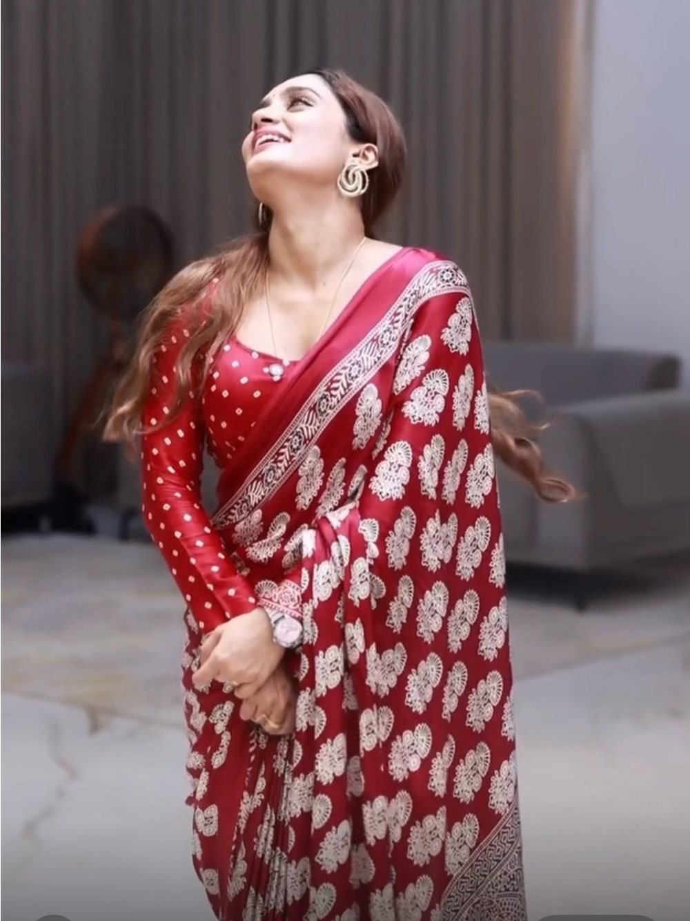 Japanese satin red Printed Women's Saree with Matching Blouse